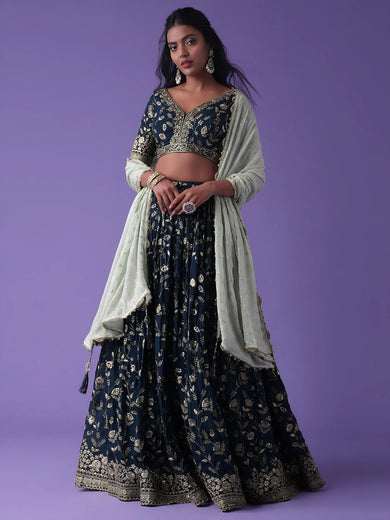 Pretty Blue Dori Work Georgette Wedding Lehenga Choli With Dupatta